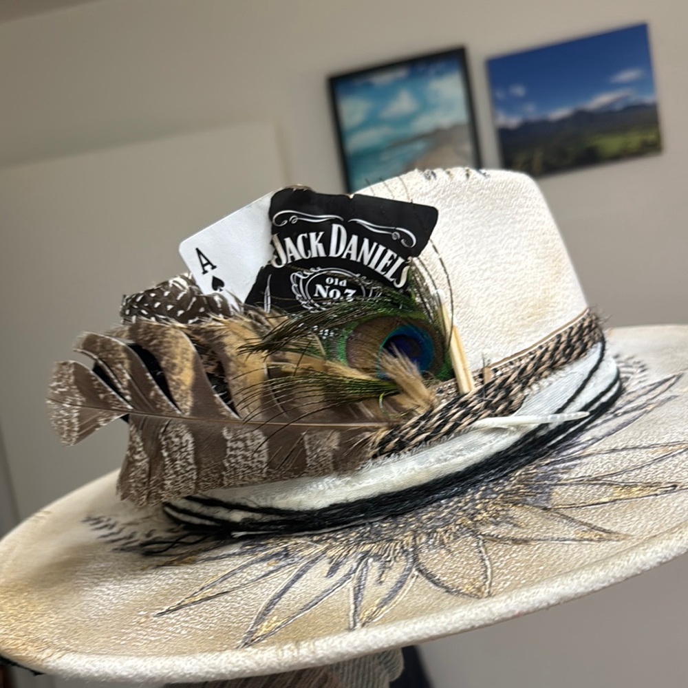 Jack Daniel's Tan Fedora with Feather and Sunflower Design Handmade